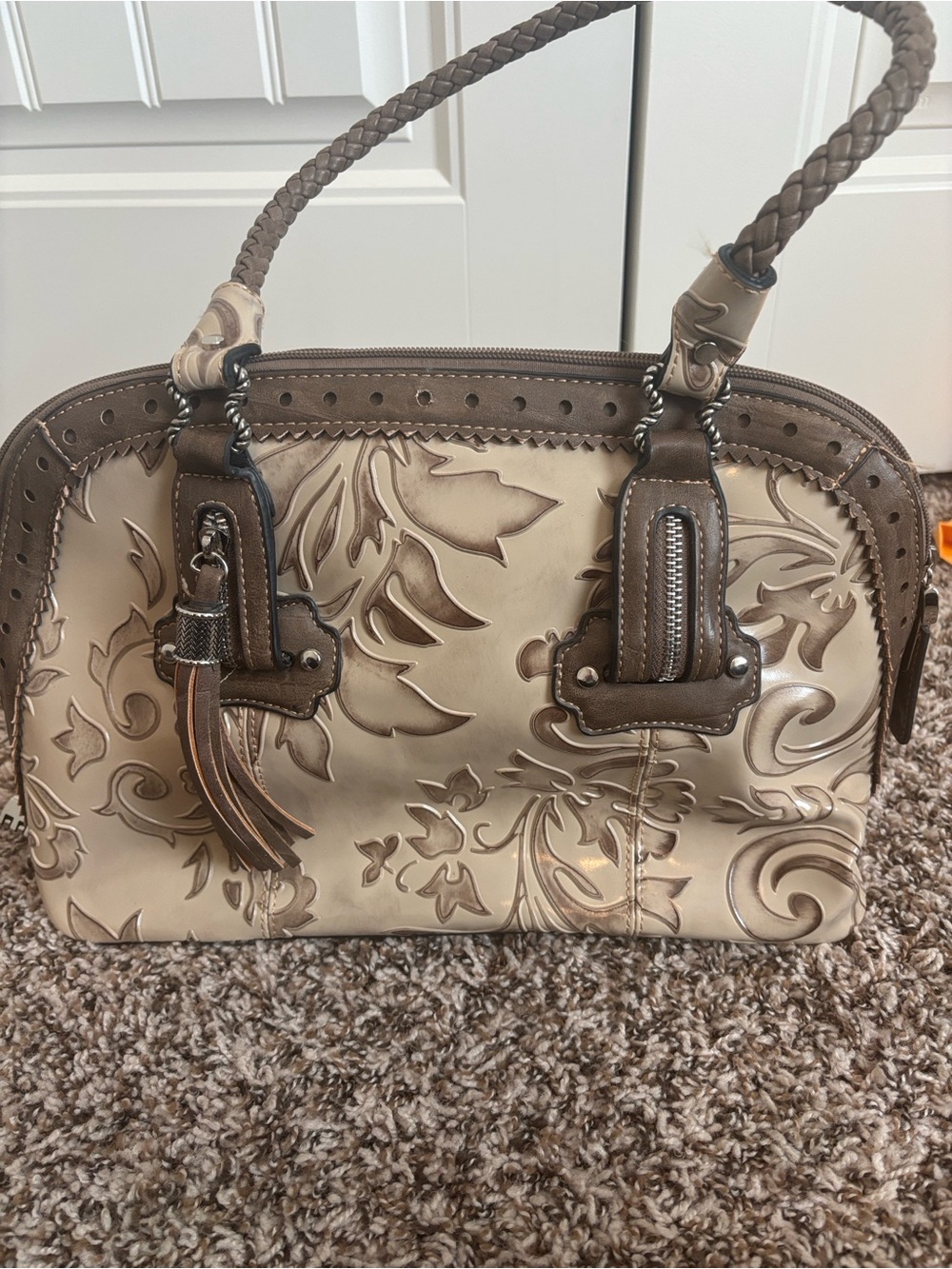 M C Beige and Brown Floral-Embossed Satchel Handbag